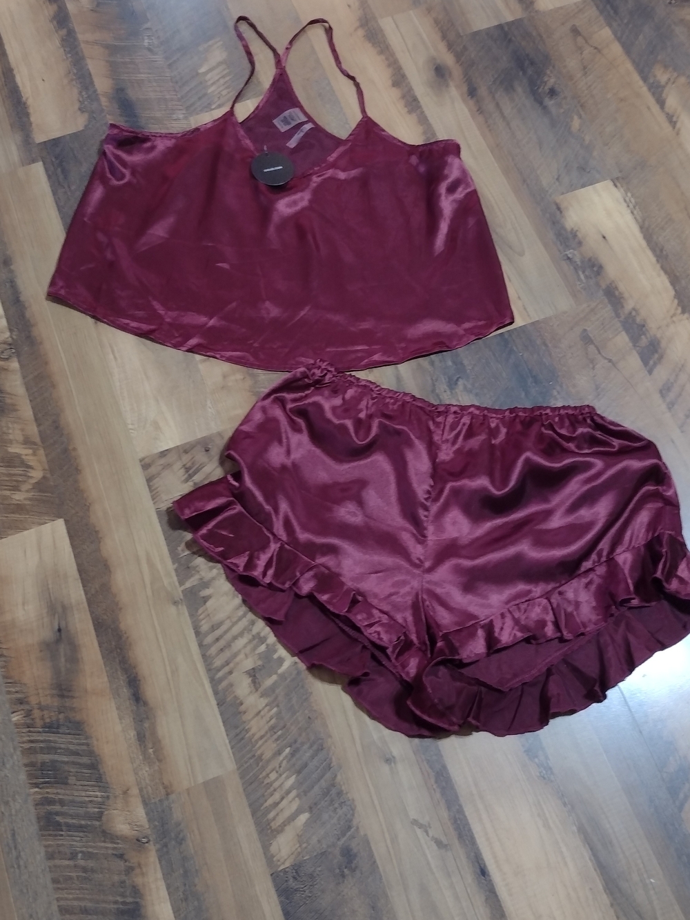 Lulu's Satin Burgundy Cami & Ruffle Shorts Pajama Set NWT